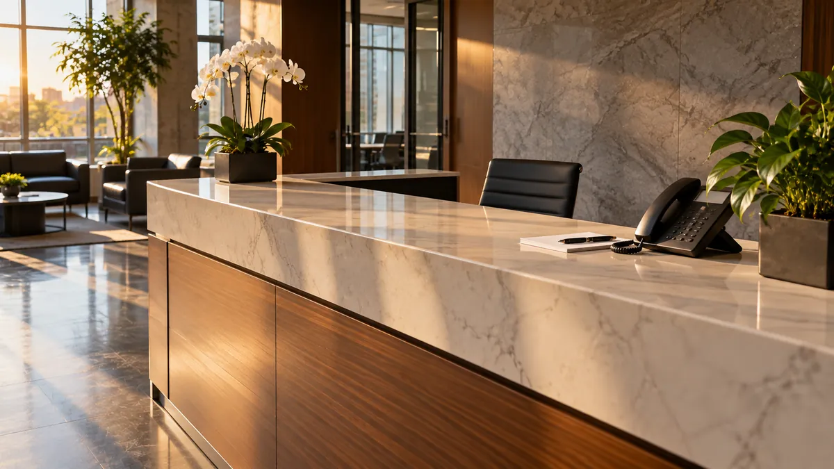 A clean kitchen island with a clear countertop, a set of house keys and a closed notebook resting near the edge, soft morning light
