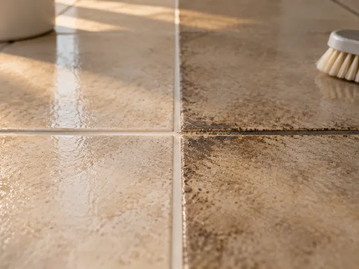 A cleaning caddy of spray bottles, microfiber cloths and a grout brush set on a hardwood floor beside a baseboard that is half wiped and half dusty