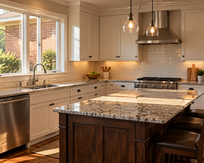 Kitchen counters wiped bare, a shining sink and cabinet fronts free of fingerprints