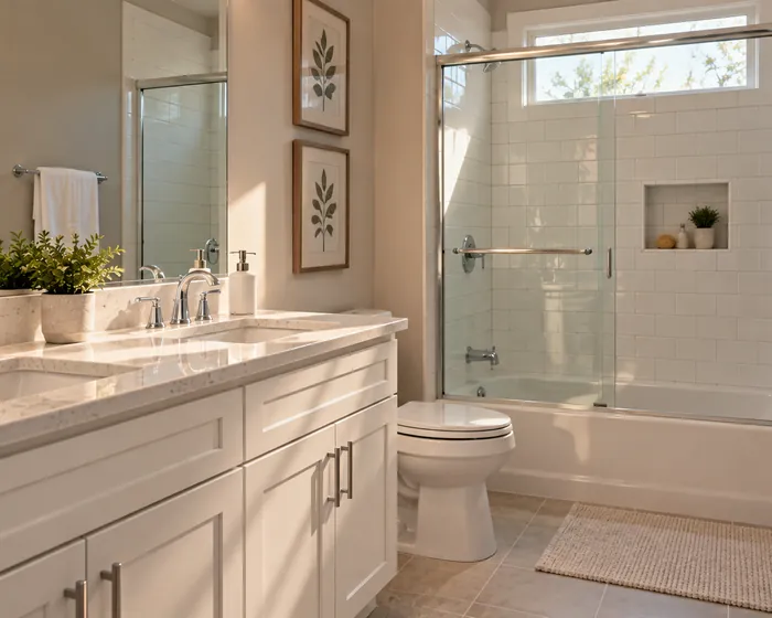 A hall bathroom with white grout, a clear glass shower door and a polished chrome faucet