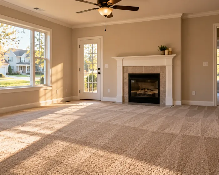 An empty living room with fresh vacuum lines in the carpet and wiped baseboards