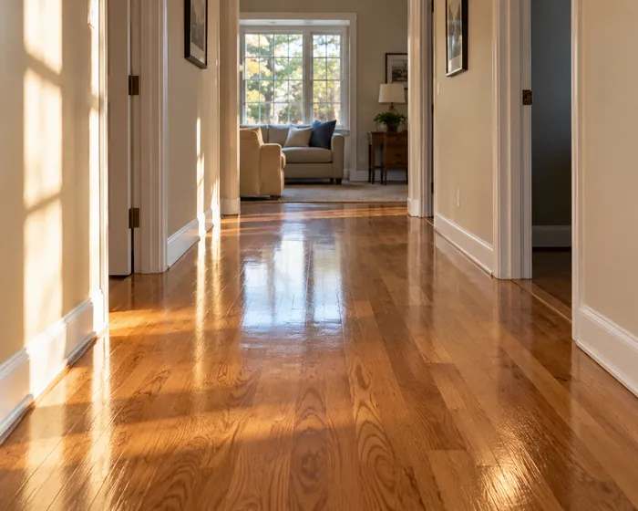 A polished oak hallway floor reflecting light from a window