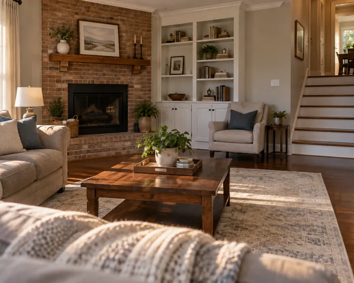 A lived in family room with dusted shelves, a vacuumed rug and a wiped coffee table
