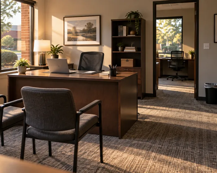A small office with wiped desks, emptied trash cans and a vacuumed carpet