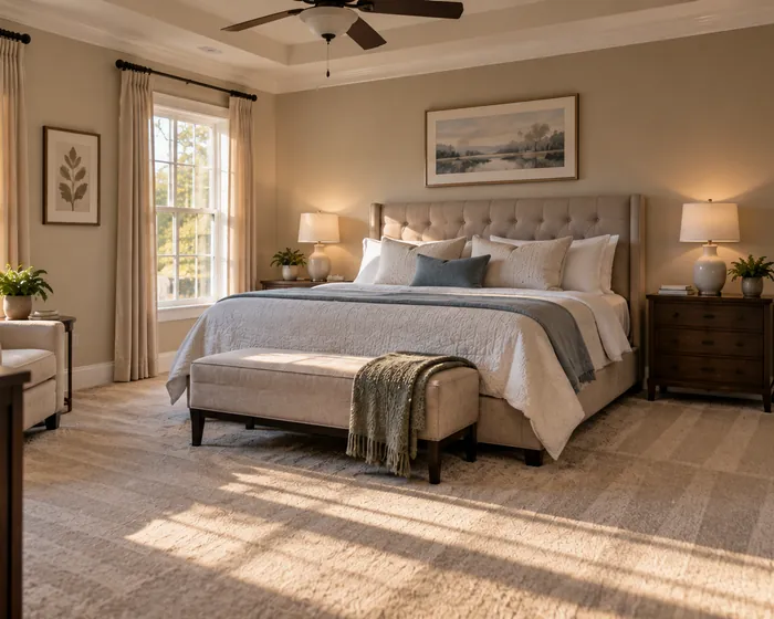 A bedroom with dusted ceiling fan blades, wiped nightstands and a vacuumed carpet