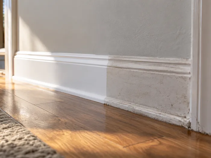 A white baseboard and door casing wiped clean, next to a section still dusty