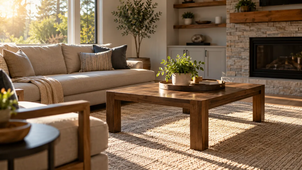 A bright, freshly cleaned kitchen and living room with clear counters and shining floors