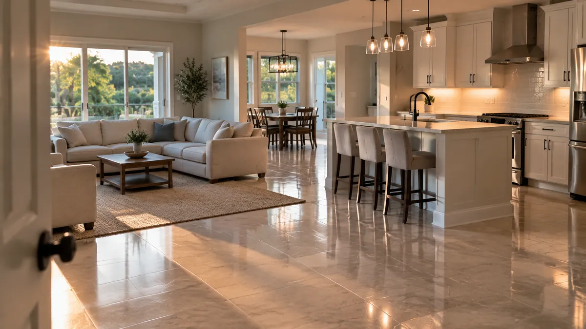 The open main floor of a family home after a full clean, kitchen, dining area and living room all in view, counters clear and floors shining in daylight